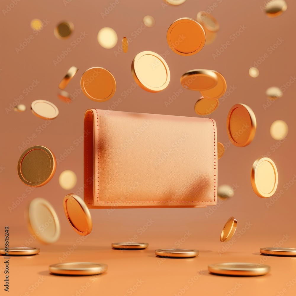 Aufkleber imagine a 3d render depicting a stylish wallet surrounded by a halo of floating coins, set against a