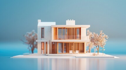 Miniature 3D printed model house on blue background for home or real estate market