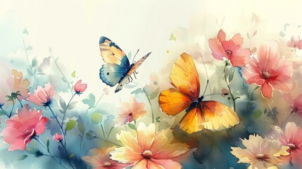 Seamless floral rainbow, watercolor blossoms, adorable butterflies, vibrant spring motif, AI Generative