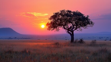 Sunrise over Serengeti, glowing horizon line, wildlife awakening, untouched landscape, AI Generative - obrazy, fototapety, plakaty