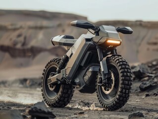 Illustrate a rugged electric adventure bike navigating a desolate, postapocalyptic highway, its advanced offroad capabilities allowing it to tackle debris and obstacles with ease