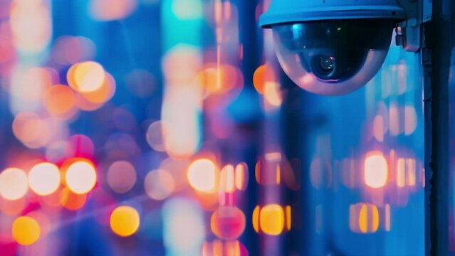 Defocused image showcasing abstract shapes and colors of cityscape in the background while softly blurred security cameras on a bank building remain in focus in the foreground. .