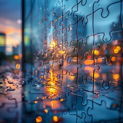 A modern office backdrop with jigsaw puzzle rain falling outside, visual metaphor for assembling ideas and strategies in the business world