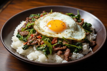 Beef and basil with fried egg, thai food - 793517088