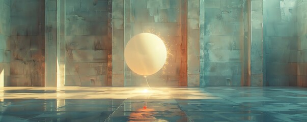 A lone, oversized inflatable balloon hovering in a minimal room, its surface reflecting sparks of light, metaphor for a mind filled with bright, floating ideas