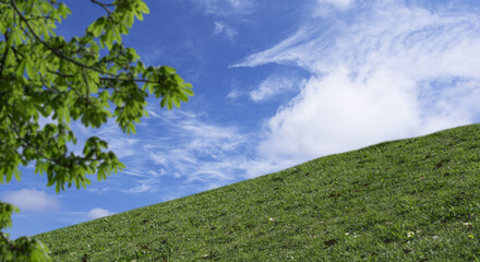 Obraz premium 春・夏 煽りで見上げた丘・土手の野原の坂道 さわやかな晴天の青空と雲の背景壁紙 アウトドア・夏休み・祝日・行楽・観光・旅行・ゴールデンウィーク・ウォーキング・散歩のイメージ素材