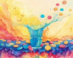 A digital storm of neon bottle caps portrays a calamitous event with vibrant intensity