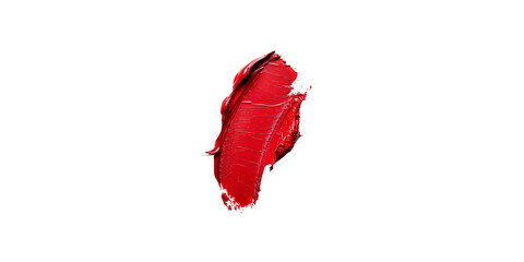
A lipstick with a red color, placed on top of smudged crimson paint in a centered composition against a white background