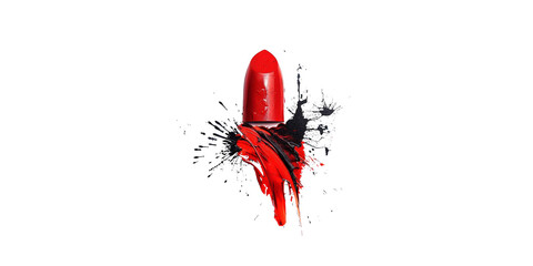 
A lipstick with a red color, placed on top of smudged crimson paint in a centered composition against a white background - Powered by Adobe