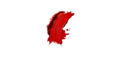 
A lipstick with a red color, placed on top of smudged crimson paint in a centered composition against a white background