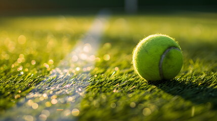 Soft focus of tennis ball on tennis grass court with sunlight