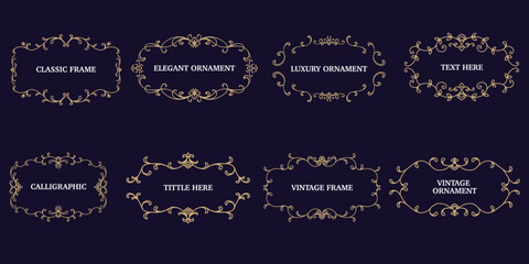 Set of gold vintage label frames and borders, Fancy decorative ornament, baroque, victorian, arabesque vector illustration.
