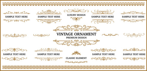 Set of gold vintage frames and borders, decorative ornament, arabesque, baroque, fancy, filigree. Victorian Vector antique illustration isolated on transparent background.