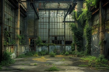 factory with overgrown weeds creeping