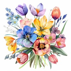 Watercolor spring floral bunch, colorful and vibrant, isolated