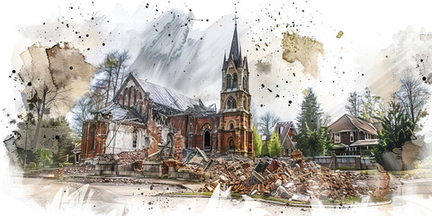 The Demolished Church and Rebuilding Community - Imagine a demolished church with a community coming together to rebuild, symbolizing the unity and strength of religious communities in times of destru - obrazy, fototapety, plakaty
