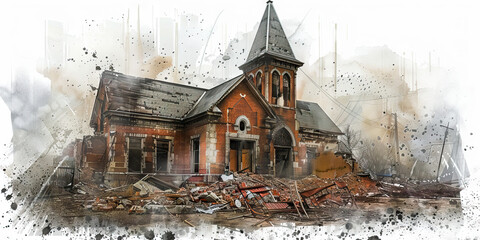 The Demolished Church and Rebuilding Community - Imagine a demolished church with a community coming together to rebuild, symbolizing the unity and strength of religious communities in times of destru