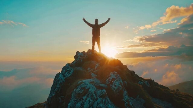 Businessman standing on top of a mountain hand up showing reward receiving for business success achievement at sunset cloud sky