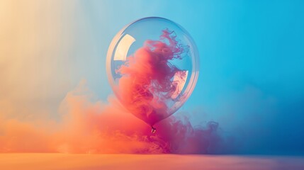 Minimalist concept of a clear balloon inflating with vibrant, colorful smoke inside, representing the growth of an idea in a simple yet powerful visual - obrazy, fototapety, plakaty