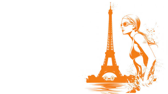 A orange painting of a female swimmer by eiffel tower, olympic games