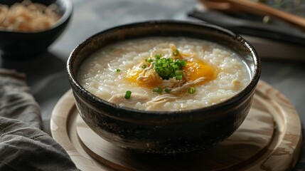 Traditional Asian comfort food, congee with shredded chicken, preserved eggs, highlighted in a minimalist setting, isolated background, studio lighting
