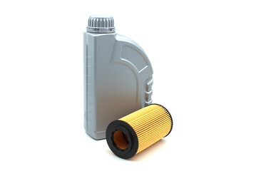 Motor oil container and filters over white background
