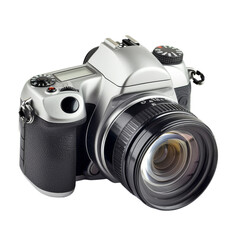 A silver and black camera with the lens open.