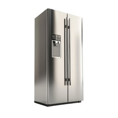 A stainless steel french door refrigerator with a water and ice dispenser.
