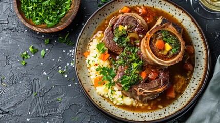 Top view of Osso Buco, braised veal shanks in white wine and broth, tenderly cooked with vegetables, served with gremolata and Risotto Milanese, isolated background - obrazy, fototapety, plakaty