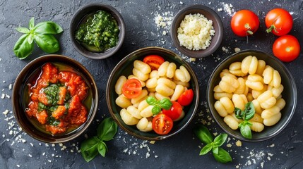Top view of classic gnocchi with a selection of sauces including gorgonzola, tomato, and pesto, styled for culinary photography, isolated setting