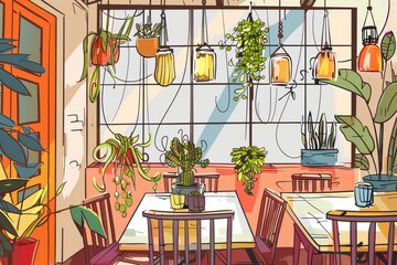 Cartoon cute doodles of a vibrant dining area with colorful table settings, hanging plants, and statement lighting, Generative AI