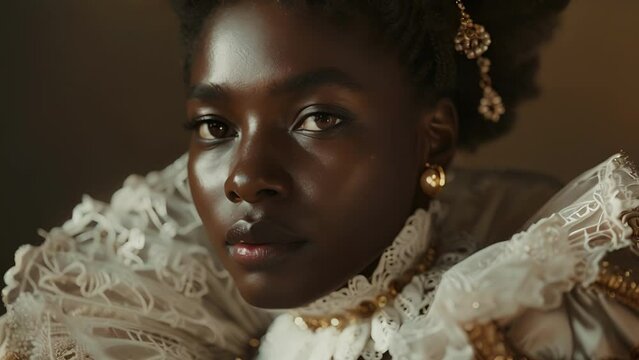 A portrait captures the towering presence of a mesmerizing black woman her attire reminiscent of a queen from a bygone era. A regal collar ds gracefully around her neck while shimmering .