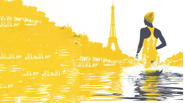 A yellow painting of a female swimmer by eiffel tower, olympic games