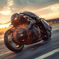 Speed Freaks The Roach Bikers Quest for Velocity A futuristic cockroach on a motorcycle, speeding down a deserted highway at sunset, with dramatic lighting and a sense of freedom and adventure  8K , h