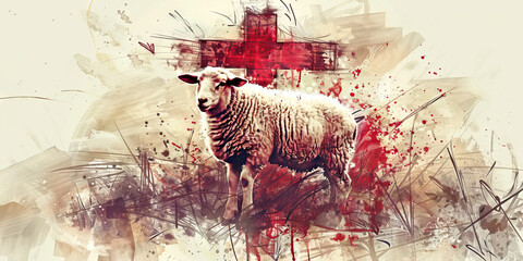 Redemption: The Lamb and Bloodied Cross - Picture a lamb symbolizing Jesus as the sacrificial lamb, and a bloodied cross representing redemption through his blood - obrazy, fototapety, plakaty