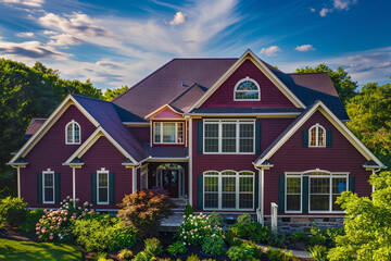 Fototapeta na wymiar Aerial view of a majestic maroon house with siding, surrounded by a lush suburban lot, traditional windows and shutters gleaming in the sunlight under a blue sky.