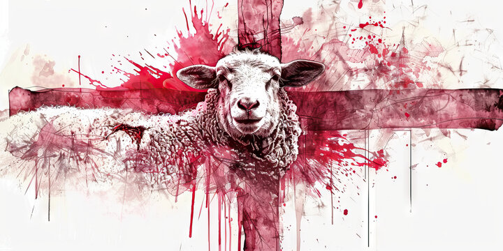 Redemption: The Lamb and Bloodied Cross - Picture a lamb symbolizing Jesus as the sacrificial lamb, and a bloodied cross representing redemption through his blood