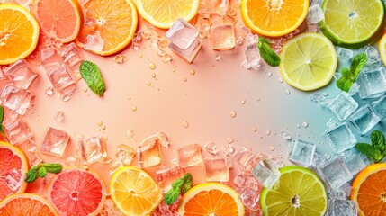 Refreshing summer sales design, border of sliced citrus fruits and ice cubes, cool lemonade colors, crisp copy space