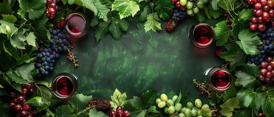 Fotobehang Vineyard summer sales ad, border of grapevines and wine glasses, vineyard greens and wine reds, elegant copy space © Anuwat