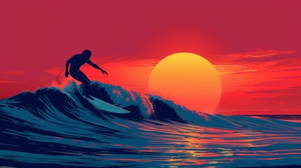 Surfing at dawn, silhouette border, ride the wave of sales in text space