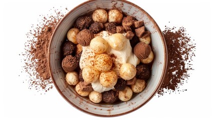 Top-down presentation of a Tiramisu, featuring soaked ladyfinger biscuits, lush mascarpone, and a cocoa dusting, ideal for dessert menus, isolated