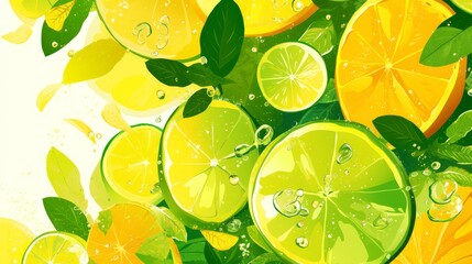 Lemon slices and mint leaves border, fresh summer sales banner, vibrant green and yellow, refreshing design