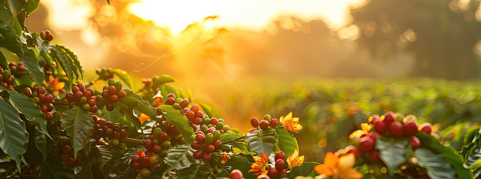 sun rising among coffee flowers as a poster design with white background