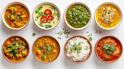 Sumptuous display of Indian and Southeast Asian curry dishes, with options like lentil and vegetable curries, each served with aromatic rice, perfect for a food ad, isolated background