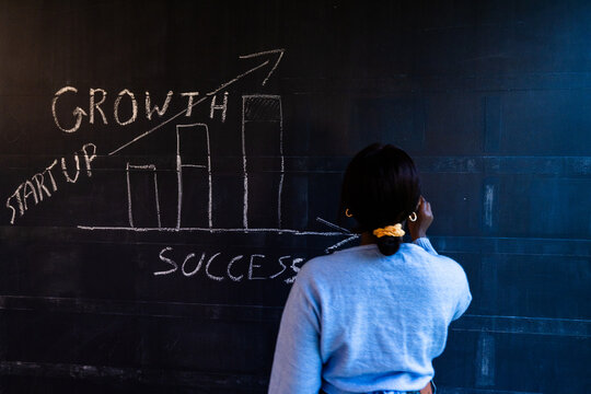 In a display of strategic thinking, a woman studies hand-drawn growth and success charts on a blackboard. Her back to the viewer, she contemplates the upward trend symbolizing startup success. The