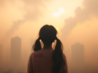 person watching the sunset, mist and dust
