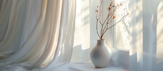 A delicate vase adorns the tall white window.