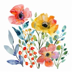 Vibrant spring flowers in watercolor, fresh and isolated on white --ar 1:1 Job ID: 99d3cca4-23b6-4b4e-b1fc-17ab2dab3d6c