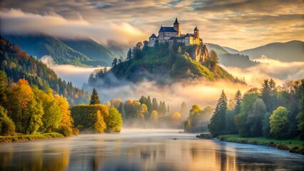 castle on a mountain in a valley with a river and greenery in the fog under the clouds - Powered by Adobe