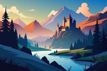 drawing of a medieval castle on a hill in a river valley and forest, mountains, sky, clouds - obrazy, fototapety, plakaty